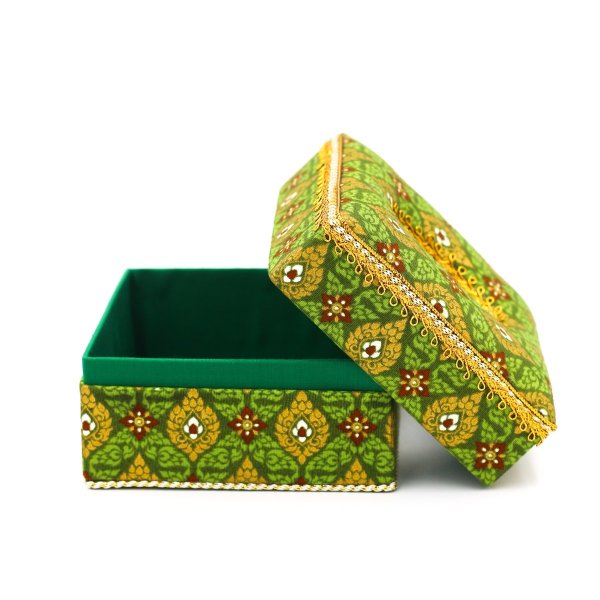 กล่องกระดาษทิชชูป๊อปอัพ ผ้าพิมพ์ทองลายไทยสีเขียว