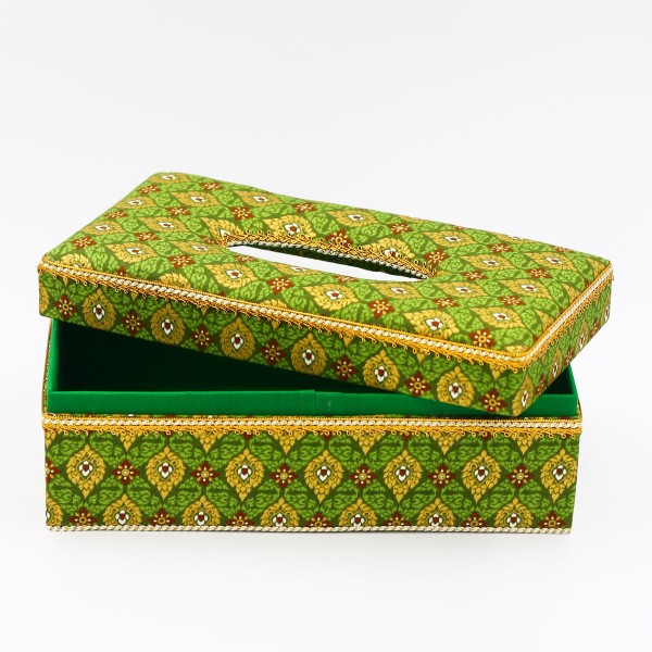 กล่องใส่กระดาษทิชชู ผ้าพิมพ์ทองลายไทยสีเขียว