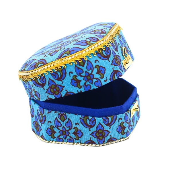 กล่องแปดเหลี่ยมเล็กผ้าพิมพ์ทองลายไทยสีฟ้า