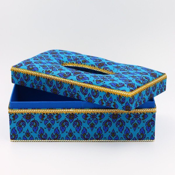 กล่องใส่กระดาษทิชชู ผ้าพิมพ์ทองลายไทยสีฟ้า