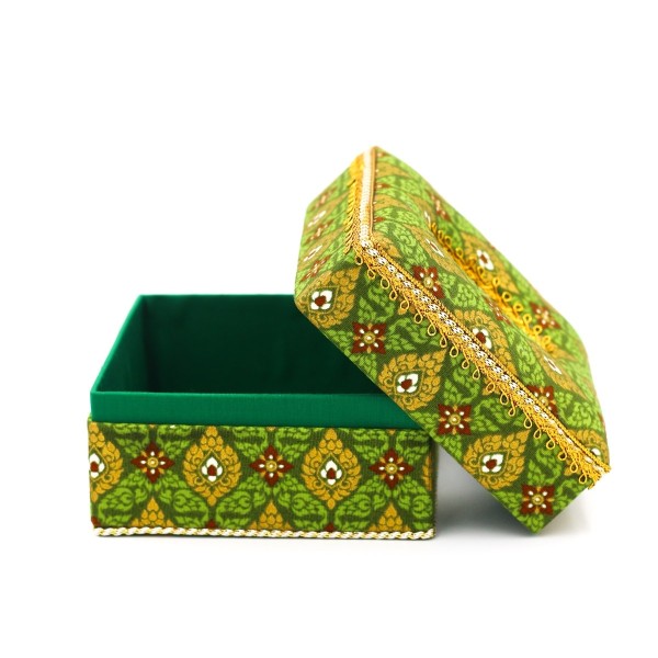 กล่องกระดาษทิชชูป๊อปอัพ ผ้าพิมพ์ทองลายไทยสีเขียว