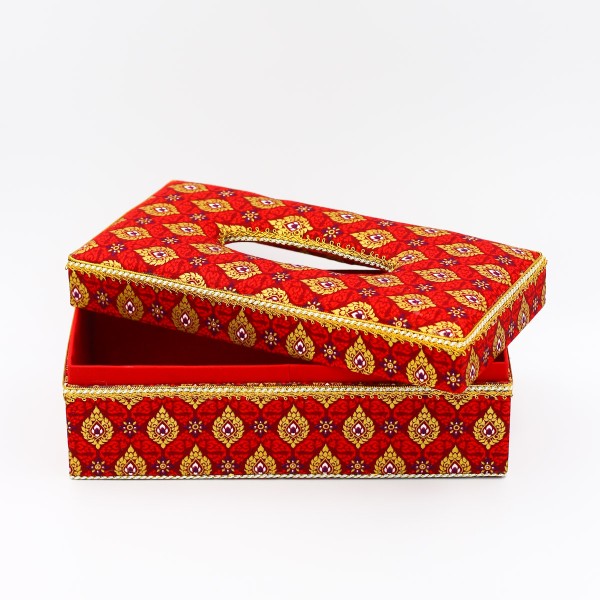 กล่องใส่กระดาษทิชชู ผ้าพิมพ์ทองลายไทยสีแดง